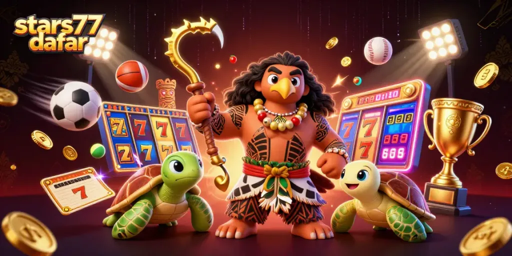 Permainan slot di stars77 daftar dengan karakter dewa Polinesia dan elemen kasino yang menarik.