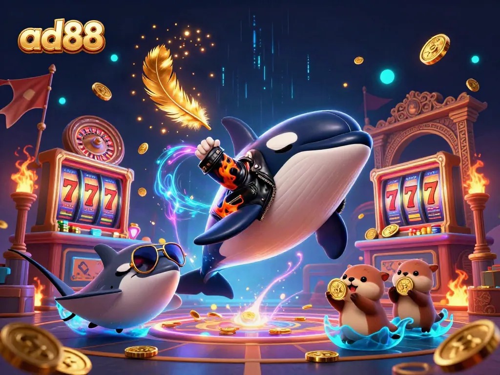 Win big with ad88 as the 3D cartoon characters dance with coins and casino elements in an engaging illustration.