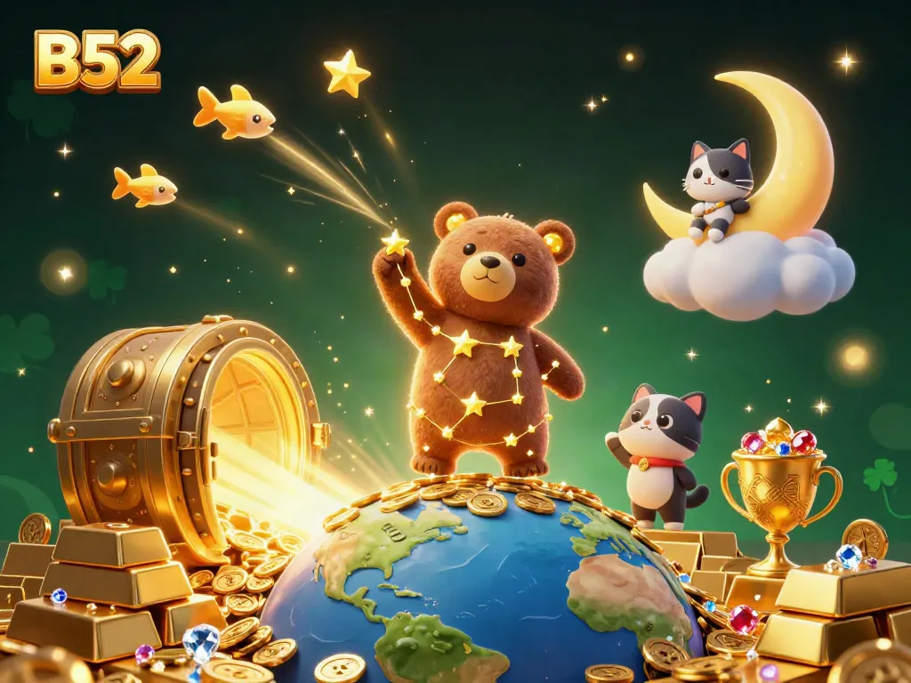 Engage in B52 gaming with a constellation bear and golden treasures in this vibrant casino scene.