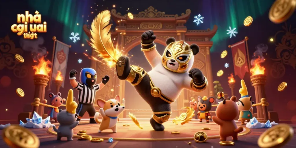 Experience thrilling action at nhà cái uy tín with a flying panda wrestler surrounded by excited fans and dynamic gaming elements.