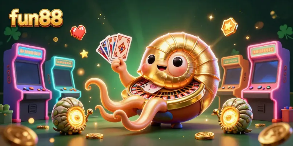 Experience fun88's vibrant gaming world with an energetic 3D nautilus character and casino elements.