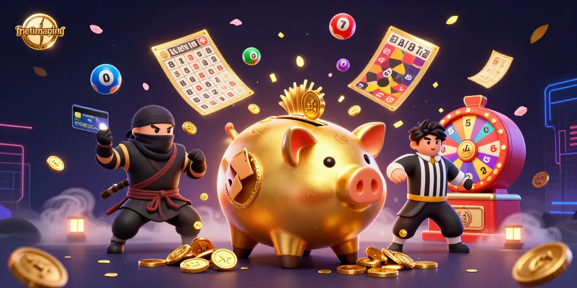 Engaging scene depicting fretimaging with a golden piggy bank sumo wrestler, colorful lottery elements, and dynamic action.