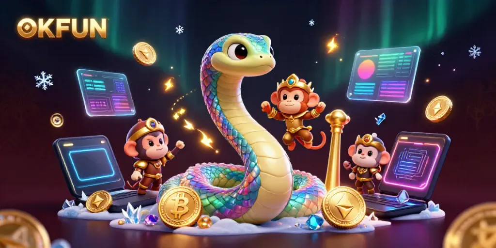 Join the excitement at OKFUN with vibrant casino-themed characters, shining coins, and dynamic gaming elements.
