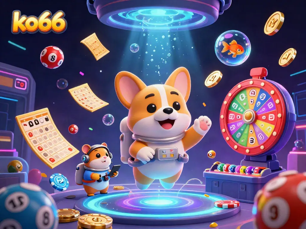 Experience the excitement of ko66 with a 3D cartoon scene featuring a playful corgi and dynamic casino elements.