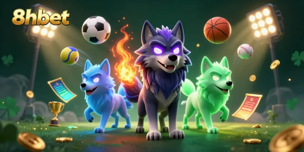 Experience thrilling sports betting with 8xbet, featuring dynamic 3D wolf characters and vibrant gaming elements.