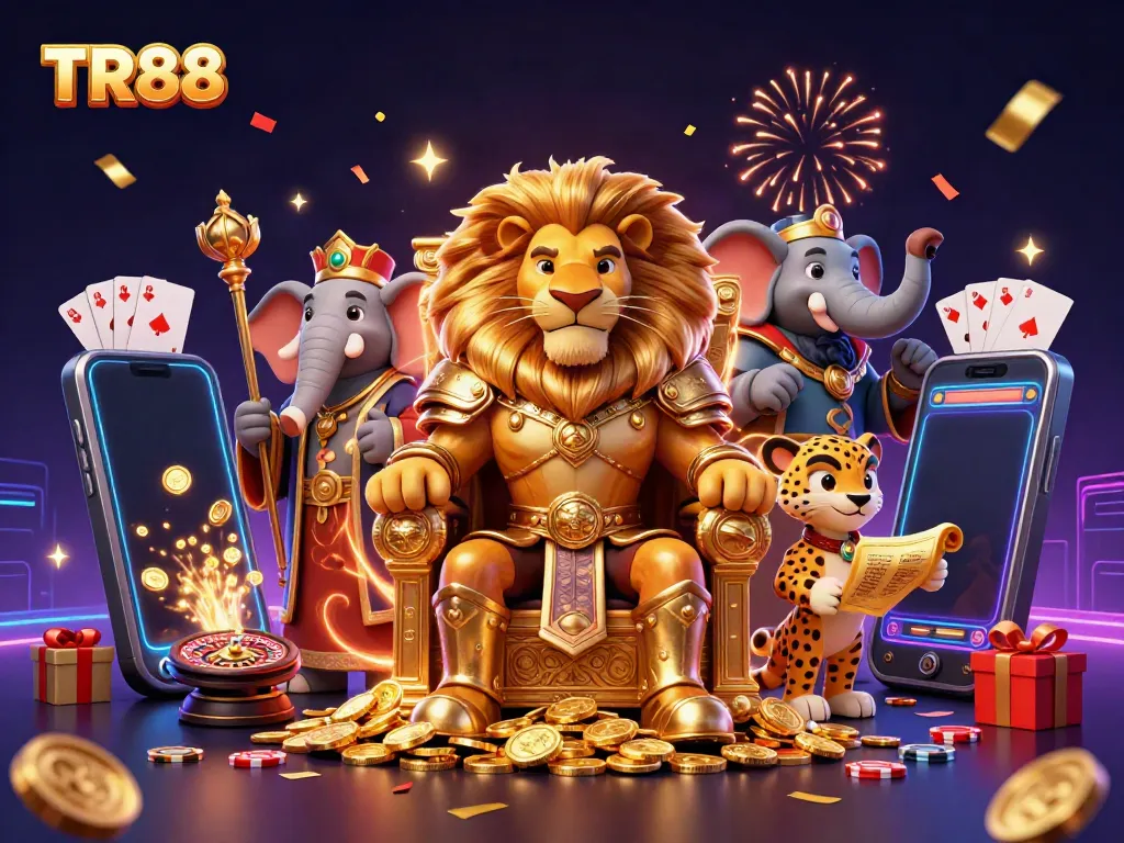 Experience rewarding gameplay at TR88 with an energetic scene of a lion king and casino elements.