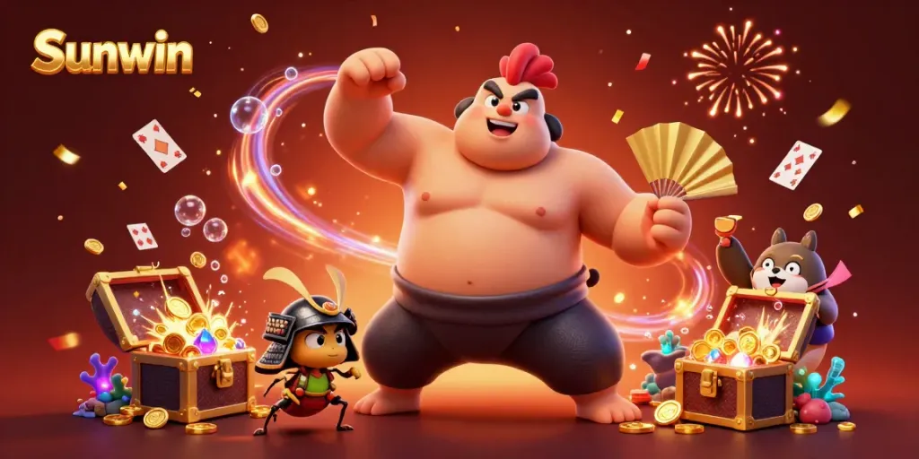 Experience the dynamic action of Sunwin with sumo wrestler rooster, fierce cricket, and tanuki in a vibrant gaming scene.