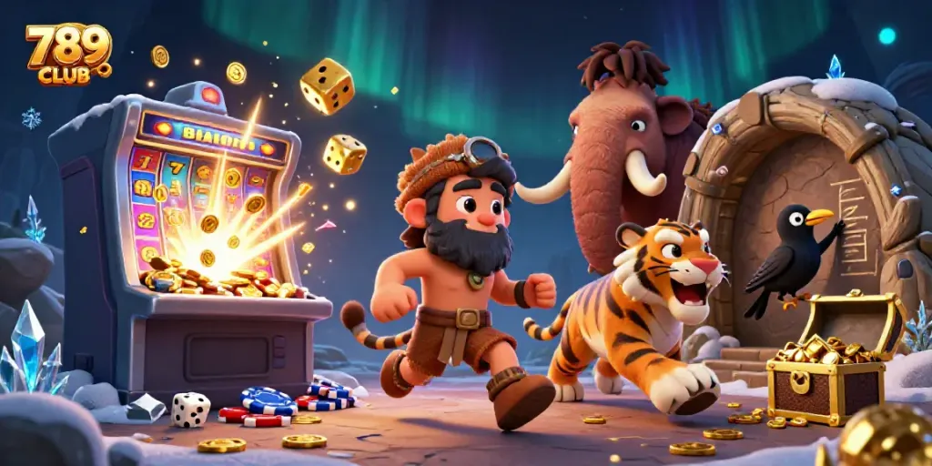 Experience the thrill of play at 789CLUB with a vibrant prehistoric casino scene featuring a caveman and tiger.