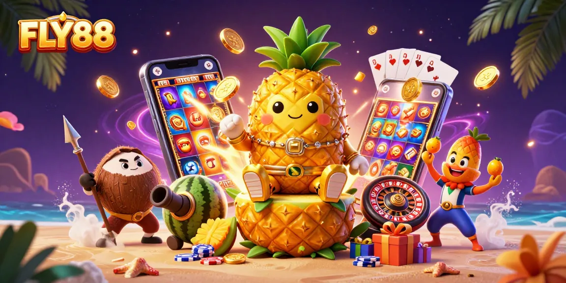 FLY88 offers thrilling gaming experiences with a vibrant scene of casino fun, featuring animated characters and games.