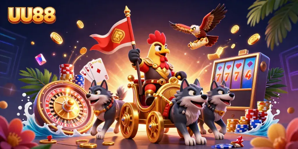 Experience thrilling adventures with UU88 in a vibrant 3D casino scene featuring a rooster warlord and gold elements.