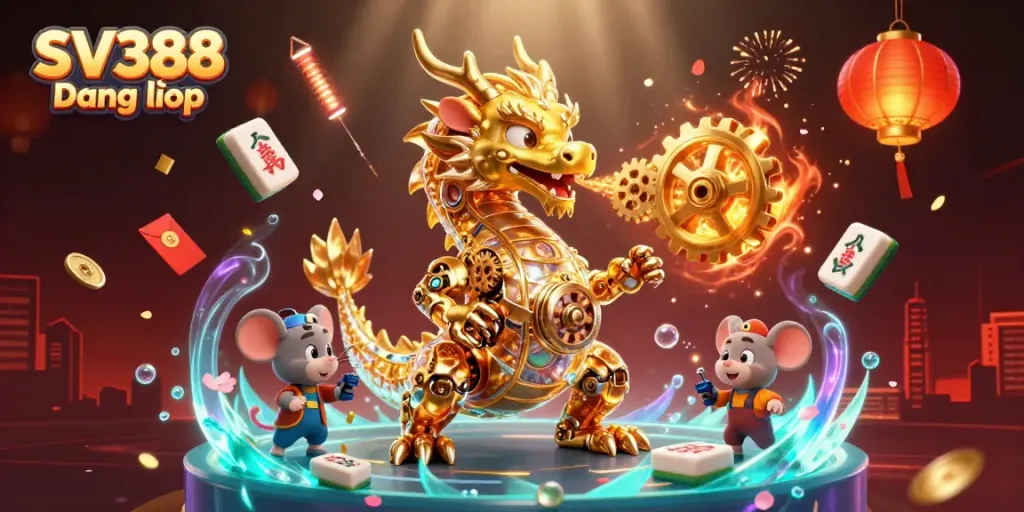 Experience the vibrant world of SV388 Đăng nhập with a golden dragon amidst dynamic casino elements