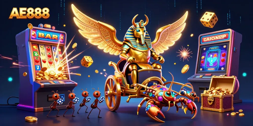 Experience AE888's exciting casino atmosphere with colossal scarab and jewel-encrusted scorpions amid vibrant game elements.