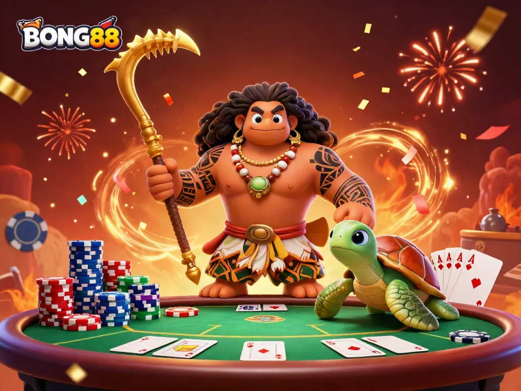 BONG88 inviting players to join a vibrant casino scene with vibrant characters and poker elements.