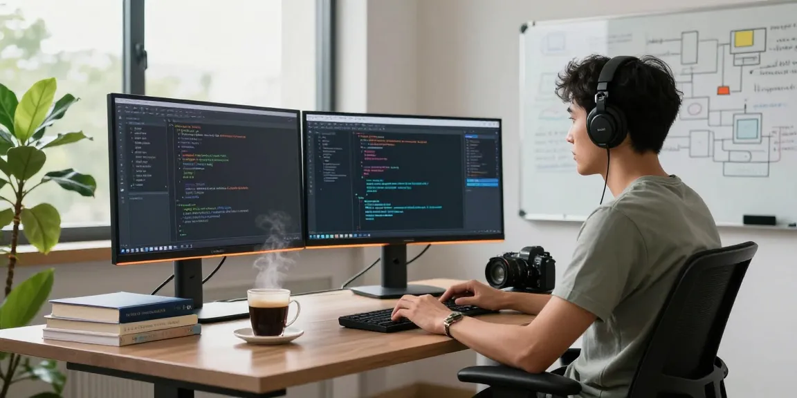 Immersive workspace featuring a programmer developing chatbot with crush ai, dual monitors, and collaborative notes.