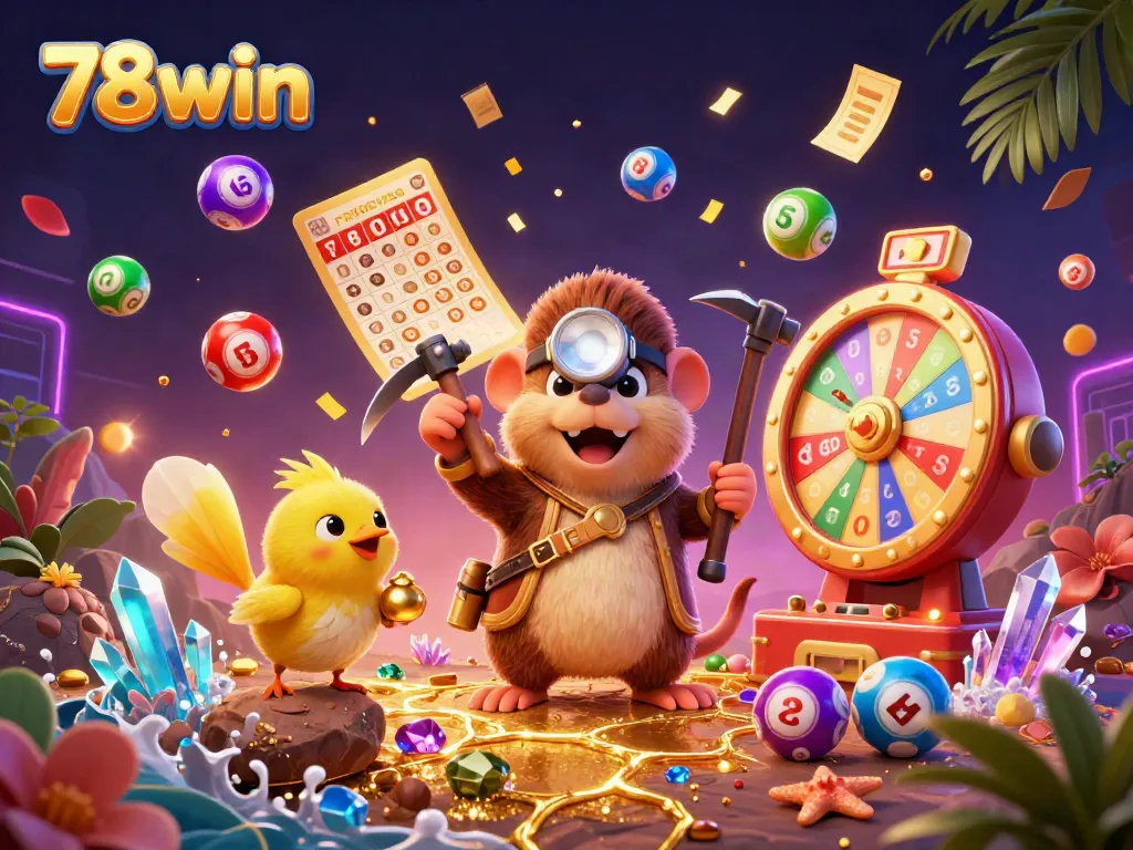 Experience thrilling fun at 78win, featuring a vibrant gambling scene with colorful lottery elements.