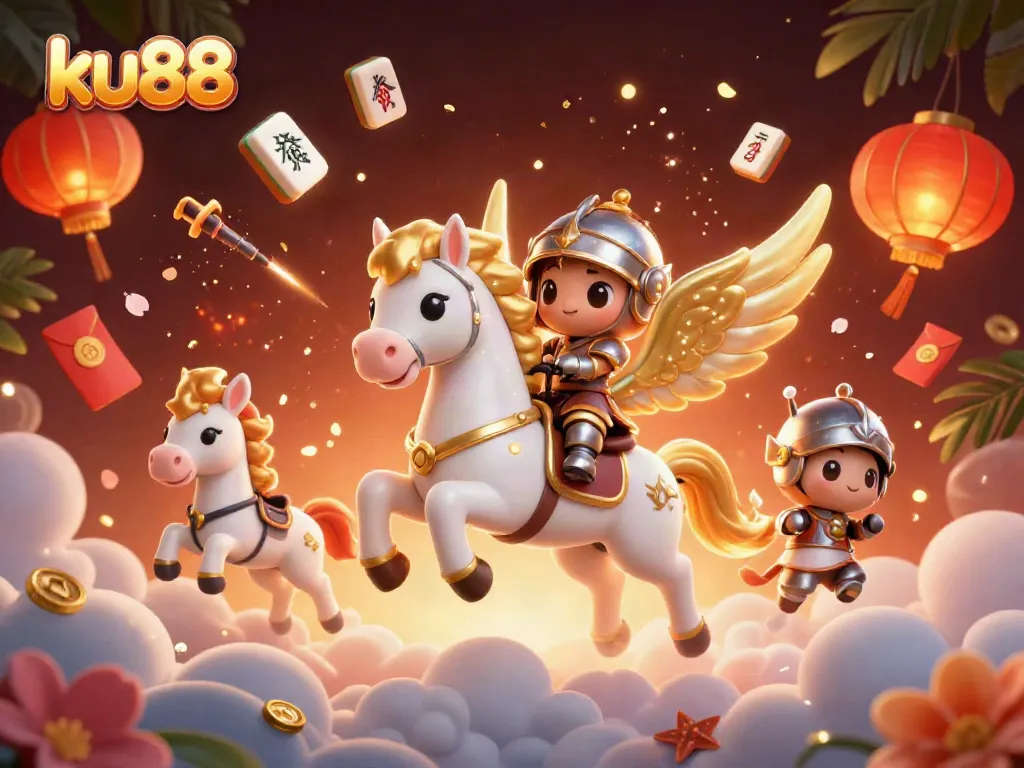 Experience thrilling gaming at ku88 with a celestial horse and knight surrounded by vibrant casino elements.