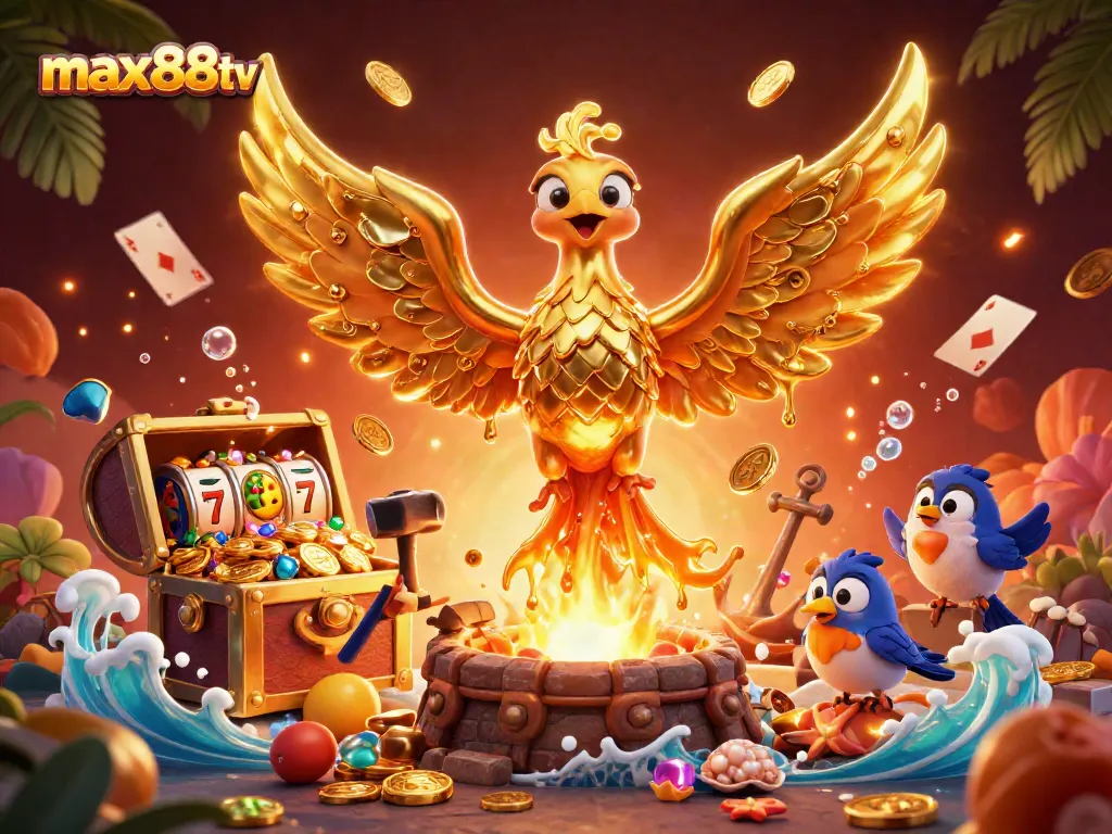 Experience the excitement of max88tv with a golden phoenix symbolizing fortune, surrounded by vibrant gaming elements.