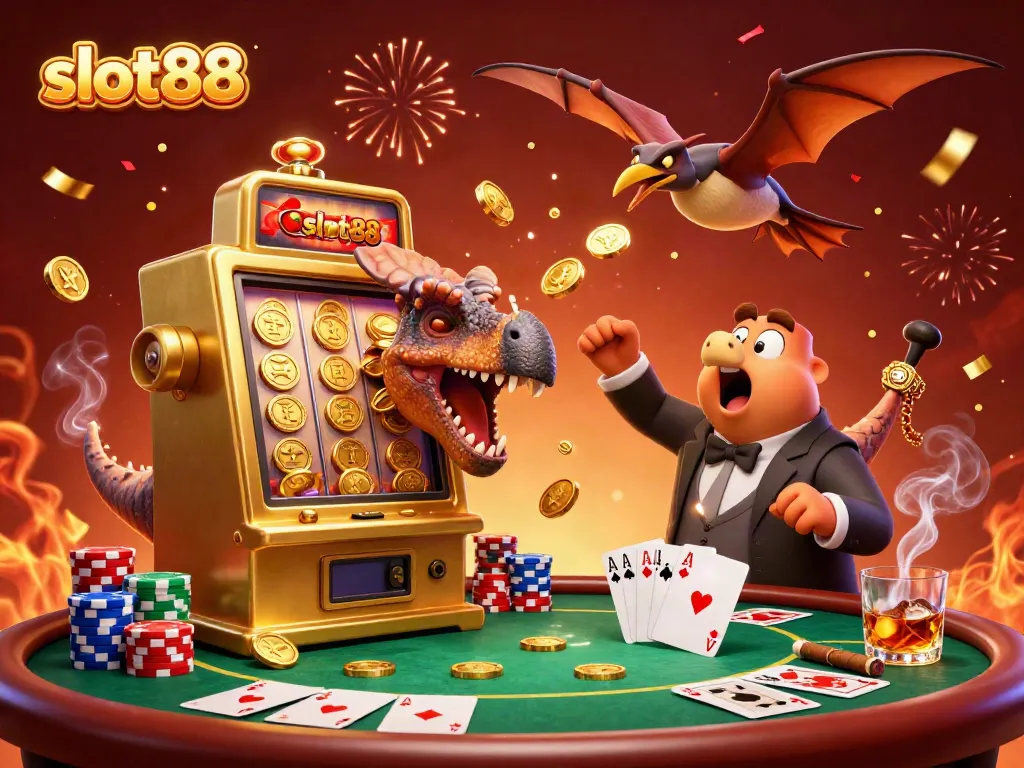 Win massive rewards at slot88 with a dinosaur-themed jackpot illustration featuring thrilling slot gameplay.