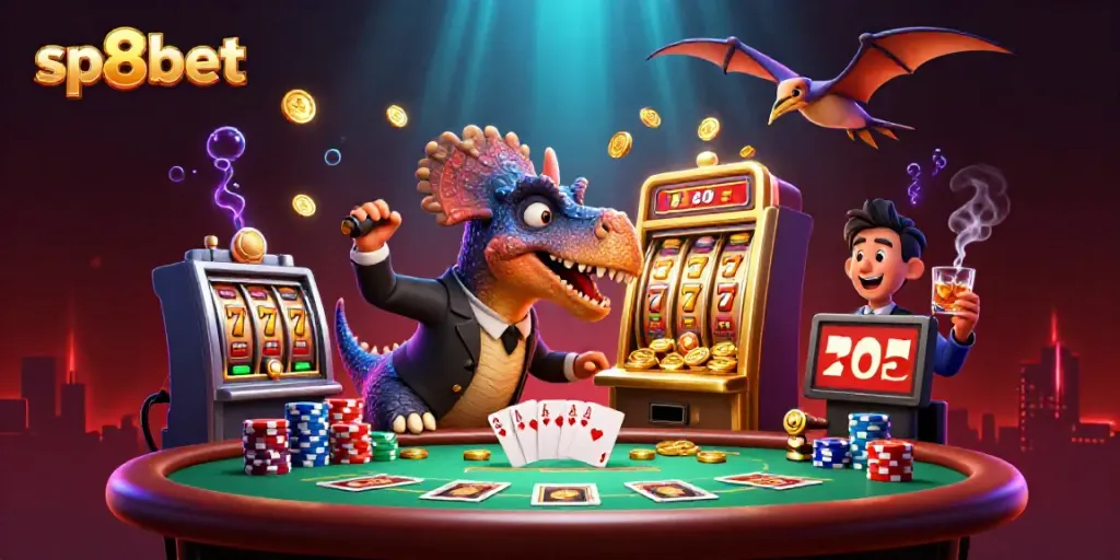 sp8bet casino illustration with a dinosaur winning coins from a golden slot machine