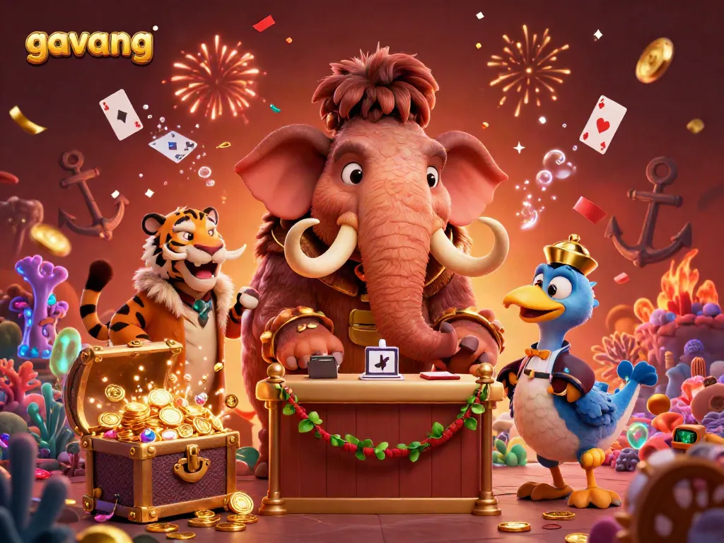 Watch the lively scene with the Gavang casino bouncer at the entrance, surrounded by a saber-tooth tiger and dodo bird, immersed in golden gems and vibrant energy.