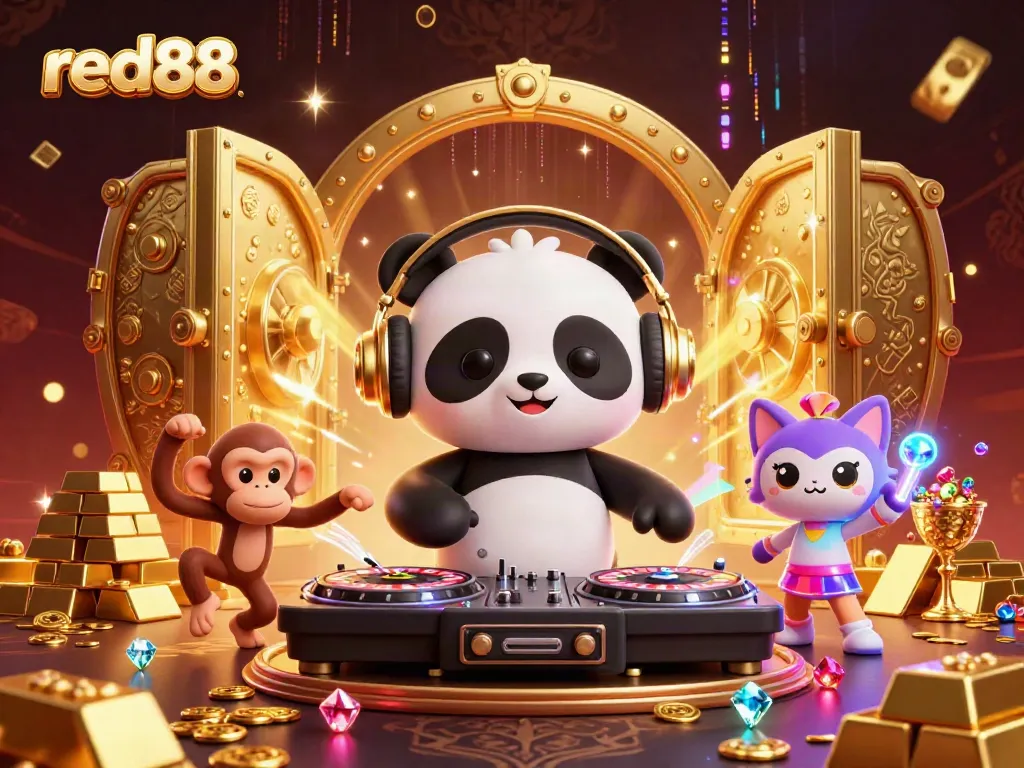Experience the vibrant energy of red88 with a lively scene of casino-themed characters, gold treasures, and gaming elements.