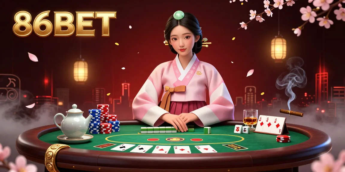 Experience the thrill at 86BET with a serene Asian woman amid vibrant poker elements, showcasing elegance and excitement.
