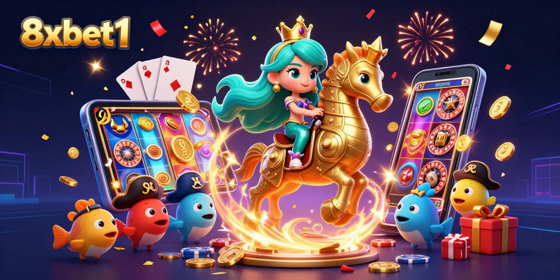 Engage with 8xbet1's vibrant gaming world featuring a mermaid on a seahorse in a sea of slot games.