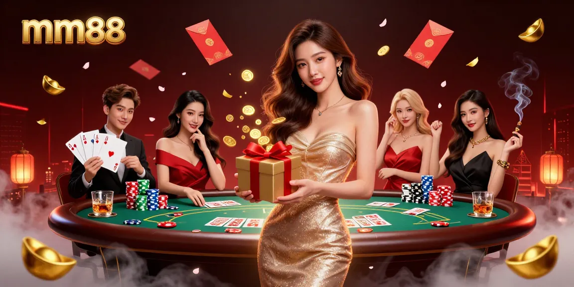 Win big with mm88 in an exciting Lunar New Year casino scene with golden coins and poker elements.