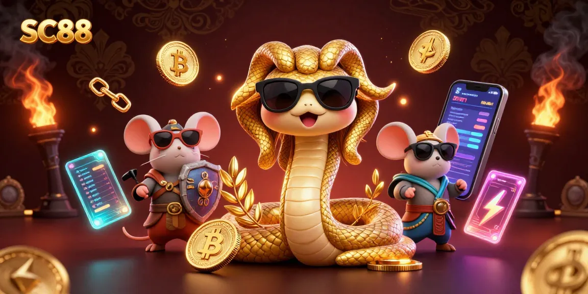 Experience thrilling gameplay at SC88 with friendly Medusa and warrior, amidst vibrant casino elements.