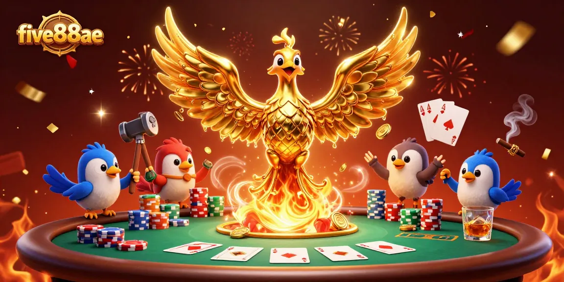 five88ae phoenix rises from the forge surrounded by poker elements and casino atmosphere