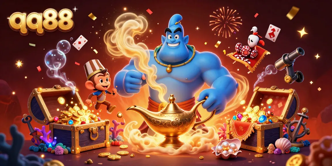 Engage in the thrill of qq88 with a vibrant 3D illustration of a genie, monkey, and poker chips!