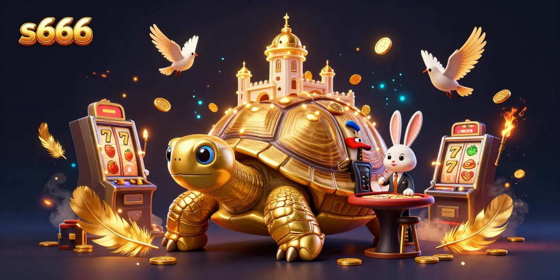 Play at "s 666" with a rich casino illustration featuring a golden tortoise and rabbit dealer.
