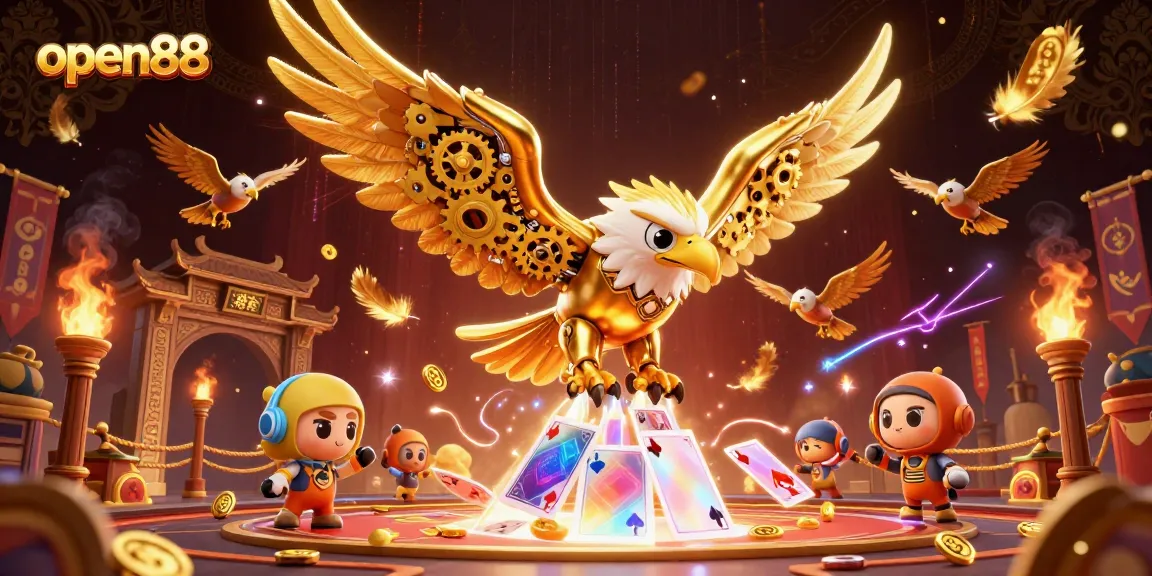 Experience thrilling gaming at open88, with dynamic 3D visuals of soaring characters and vibrant casino elements.
