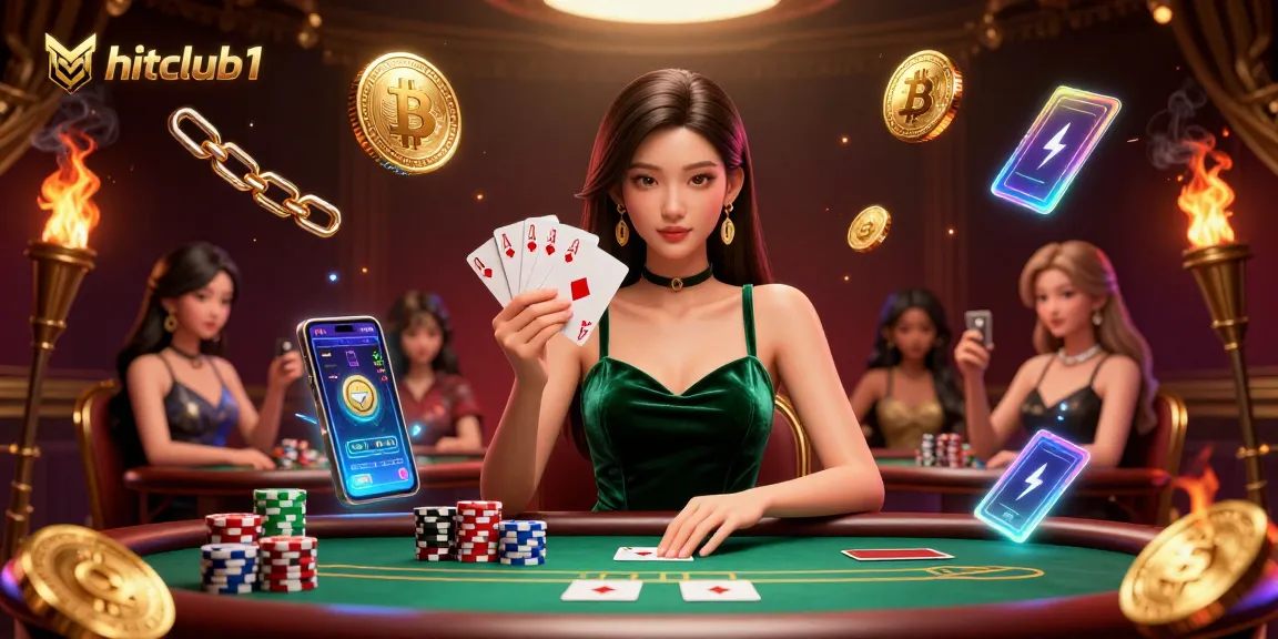 Play poker and win with hitclub1 at luxurious tables, featuring an elegant Asian woman.