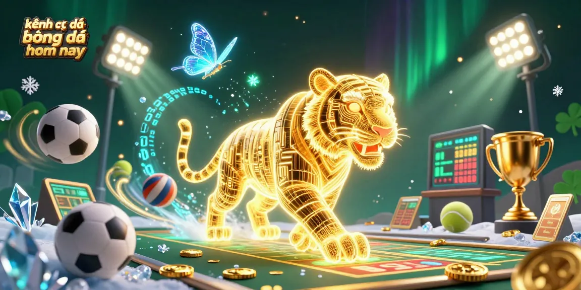 Experience kênh trực tiếp bóng đá hôm nay with a dynamic scene featuring vibrant sports elements and a golden tiger amidst a digital casino landscape.