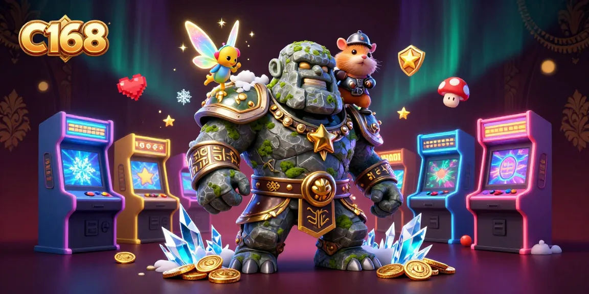 C168 captivates players with a dynamic 3D scene of a stone golem, a fairy, and a hamster knight enhanced by vibrant gaming elements.