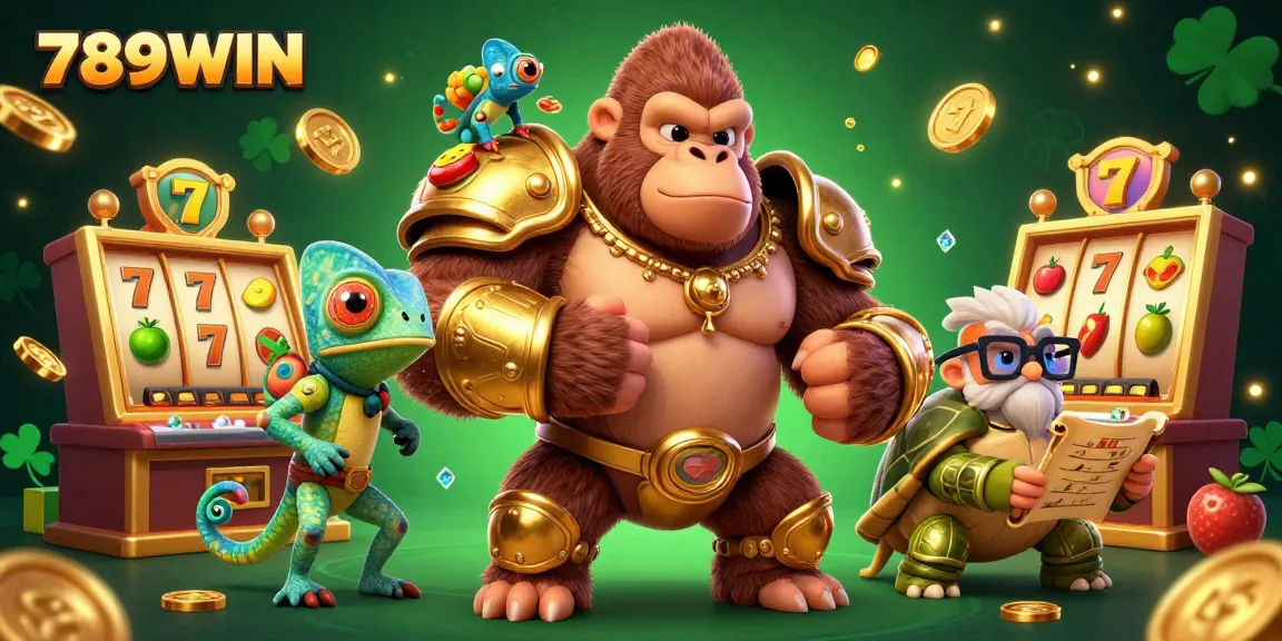 Spin to win with 789WIN as a powerful gorilla king and savvy companions cheer on the lively slots action.