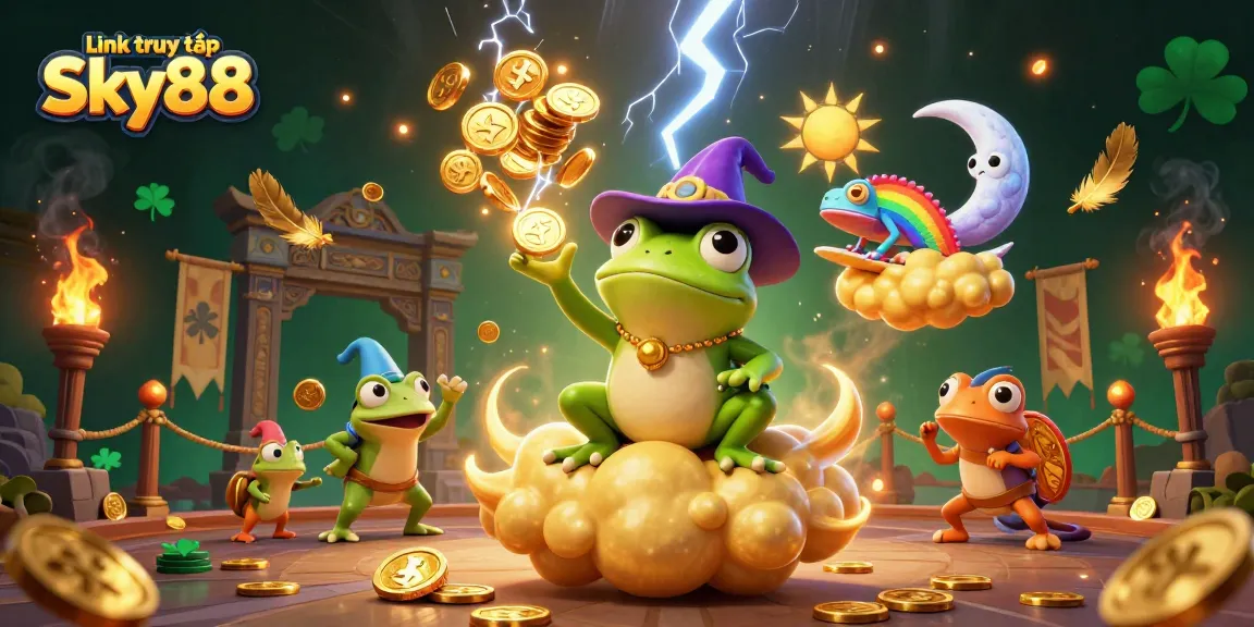 Experience epic wins with Link truy cập Sky88 in this vibrant 3D casino scene filled with golden coins and magical elements.