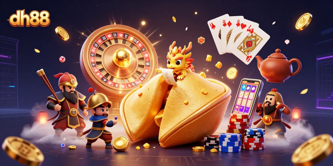 Experience thrilling gameplay with dh88's vibrant golden casino scene filled with fortune cookies and dynamic game elements.