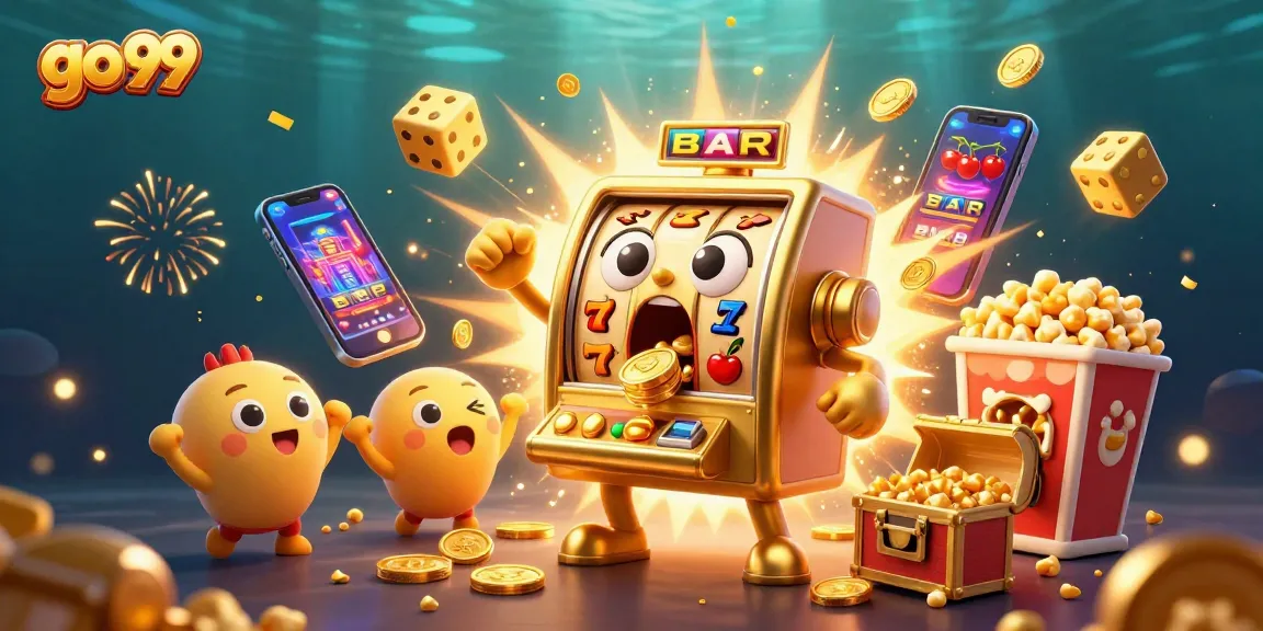 go 99 enhances gaming excitement as a golden slot machine celebrates a jackpot with coins bursting out.