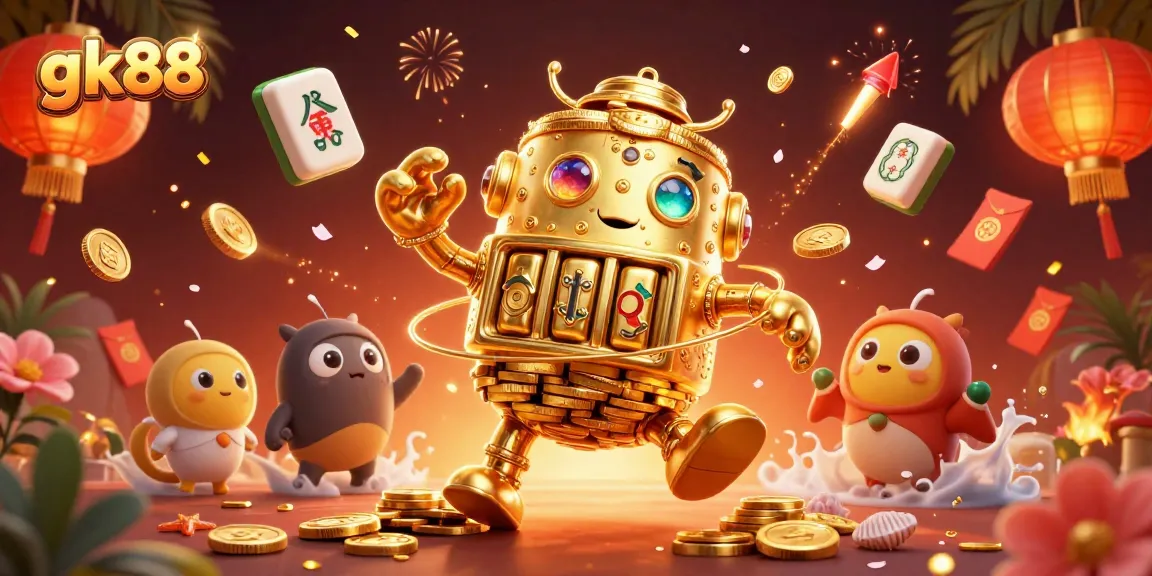 Win big with gk88 by spinning vibrant slot reels amidst a festive 3D casino scene.