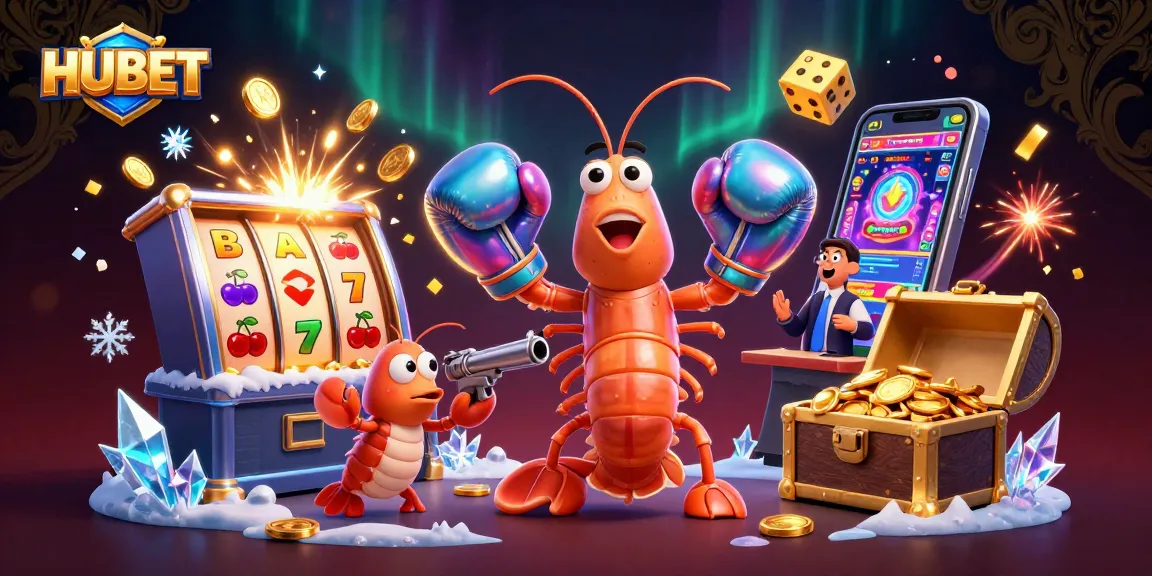 Experience vibrant HUBET gaming with dazzling shrimp characters in a lively casino scene