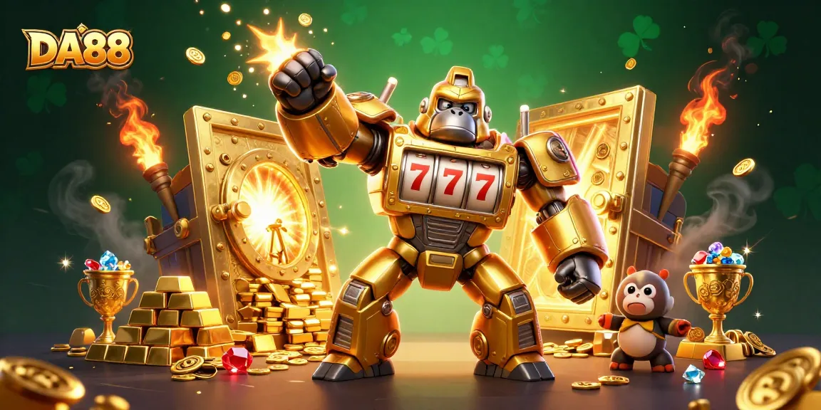 DA88 transforms gameplay with a dynamic golden gorilla mech amidst treasures and spinning slot reels.