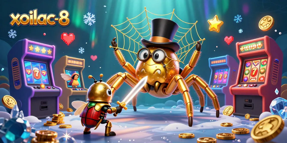 Xoilac-8 captures thrilling casino excitement featuring a golden tarantula and a brave beetle knight in a fantasy setting.
