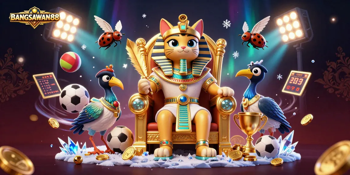 BANGSAWAN88 showcases an Egyptian cat pharaoh in a luxurious throne surrounded by dynamic sports betting elements.