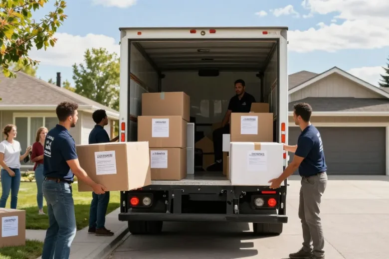 Calgary movers expertly loading boxes and furniture into a moving truck, ensuring a stress-free relocation.