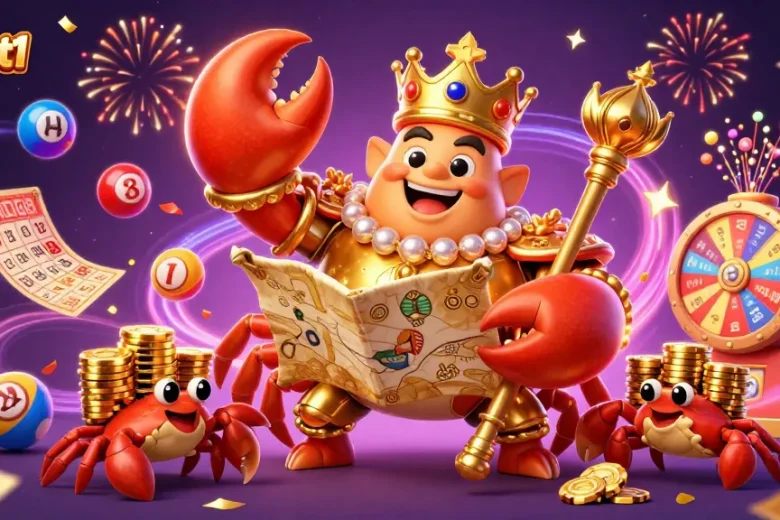 Join the excitement at dn88t1 with a vibrant illustration of a golden crab emperor amidst colorful lottery elements.
