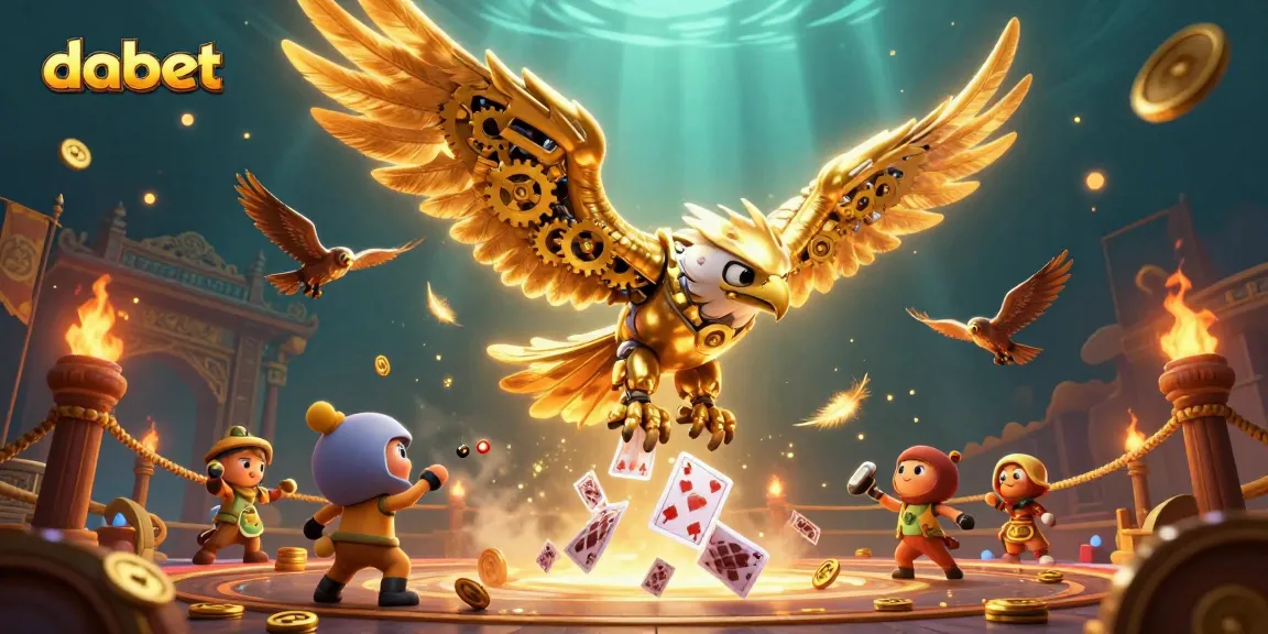 Dabet slots scene featuring a cybernetic eagle amidst colorful cards and gold coins, showcasing dynamic casino energy.