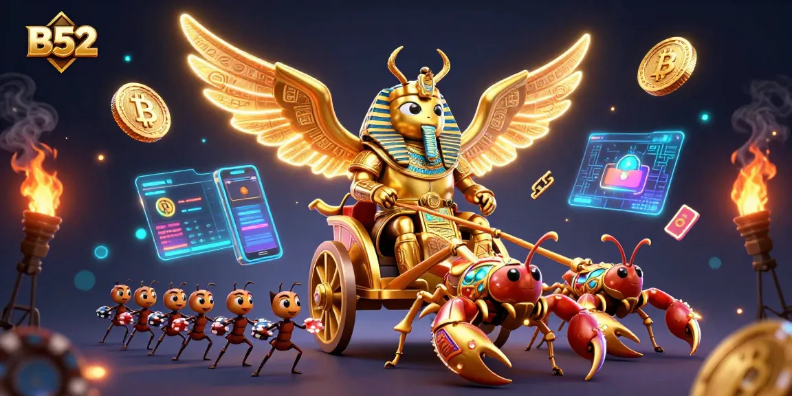 Engage in the B52 casino experience with a vibrant 3D illustration featuring a golden scarab and scorpions.