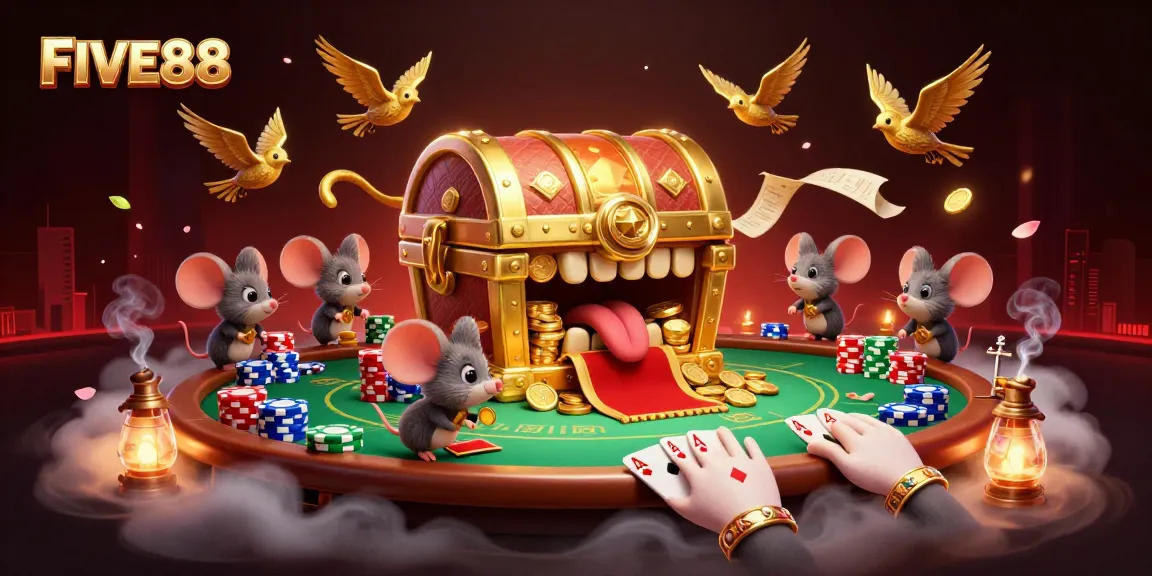 Engage with the thrilling gaming experience at FIVE88 featuring 3D cartoon illustrations and vibrant casino elements.